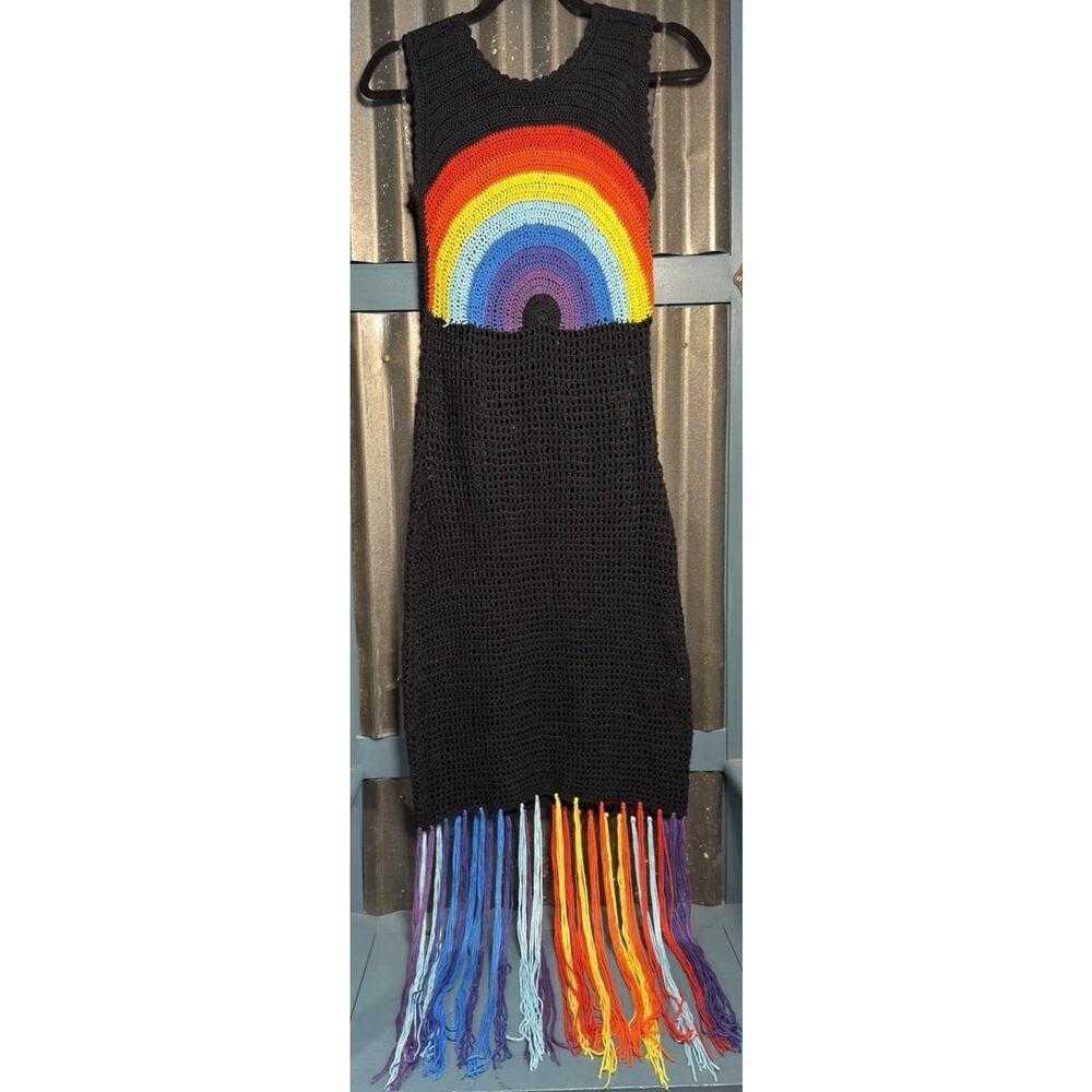 Cool Attitude Rainbow Crochet Dress Swim Coverup Black Size Medium Beach Summer